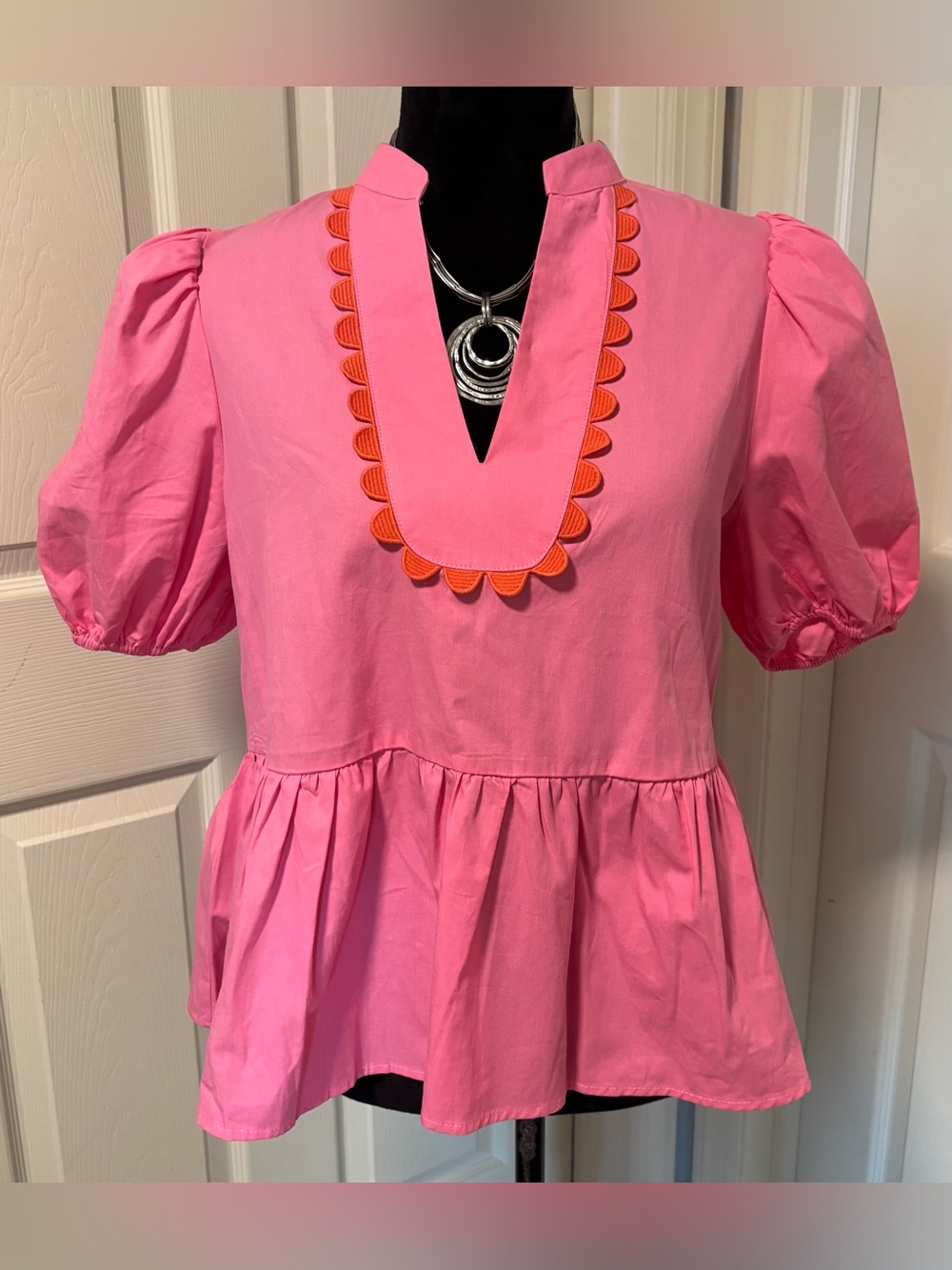 NWOT TCEC Pink Cotton Peplum Top With Orange Scalloped Trim